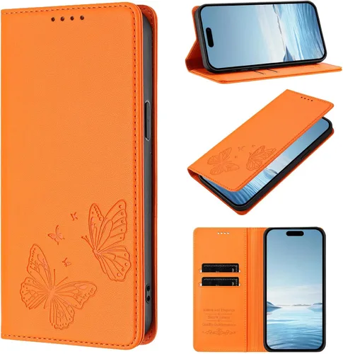 Vista 16 de Butterfly Embossed Leather Wallet Flip Case for Motorola Moto E22i 4G, Magnetic Closure, RFID Blocking Cover, Card Holder Red.