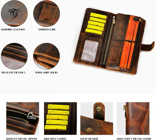 Vista 62 de Genuino Caballo Loco Cuero Regalo de Viaje Moneda Bolsillo Tarjetero Organizador Largo Cadena Rfid Cartera Monedero Con Broche Para Hombres Hombres