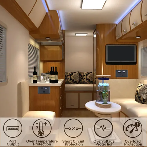 Vista 4 de Cargador USB dual con panel de toma de corriente con interruptor, 12V-24V 4.8A Cargador rápido de coche de doble puerto para coche, caravana