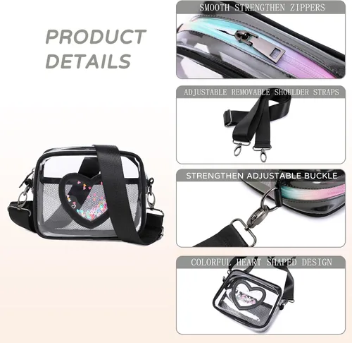Vista 5 de Bolso cruzado transparente para mujeres y niñas, aprobado por el estadio, para niños, bolso en forma de corazón, cartera pequeña, bolsa para monedas