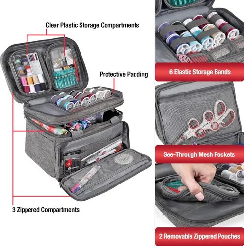 Vista 4 de Organizador de Accesorios de Costura SINGER (Solo Bolsa) – Bolsa de Almacenamiento de Costura Portátil de Doble Capa 2 Fundas Desmontables y 18