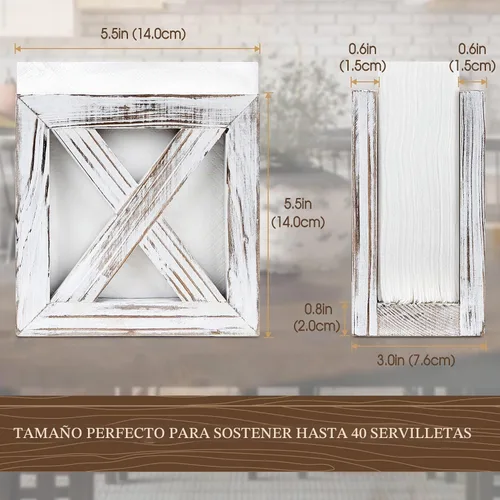 Vista 3 de PUERSI Servilletero de madera de granja para mesas, decoración rústica de cocina para mostrador, dispensador de servilletas ideal para encimeras