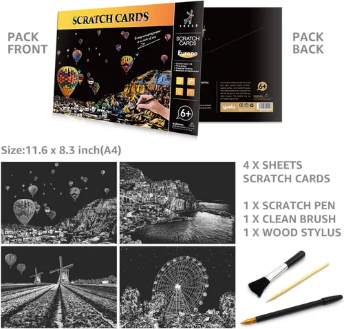 Vista 4 de Papel de pintura para rascar arcoíris (A4) para niños y adultos, juego de rascador de visión nocturna de bricolaje: 4 hojas de tarjetas para rascar