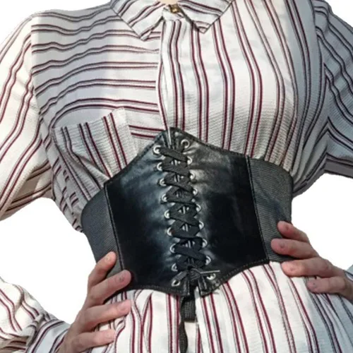 Vista 6 de Negro elástico mujeres atado Waspie corsé cintura cinturón PU cuero adelgazamiento cuerpo cintura superior bajo busto Cinch vestido Faja cordón