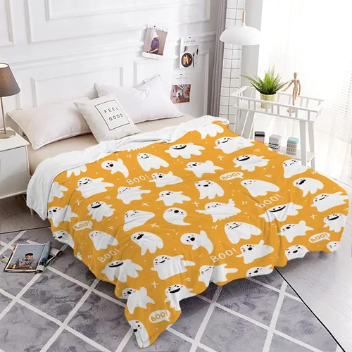 Vista 6 de Manta amarilla con diseño de fantasmas de dibujos animados, para mujeres y hombres, suave y acogedora manta de forro polar para sala de estar, cama