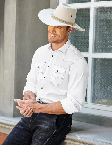 Vista 3 de COOFANDY Camisas vaqueras occidentales de manga larga de algodón con botones y bolsillos para hombre