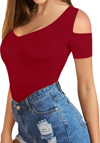 Vista 2 de HERLOLLYCHIPS Camisetas de verano para mujer, cuello en V profundo, manga corta y larga, hombros descubiertos, ajustadas, casuales, sexys