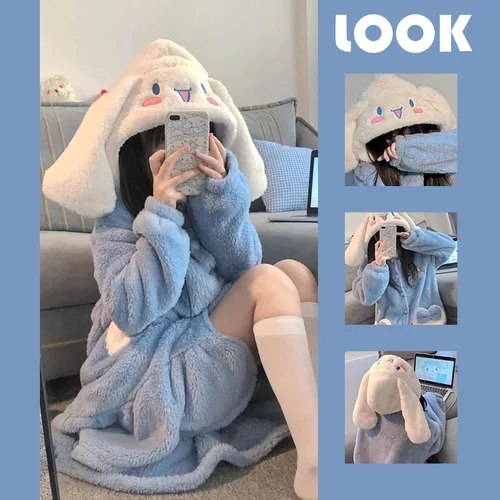 Vista 6 de aakg Bonita bata de forro polar con capucha para mujeres y niñas, diseño de dibujos animados kawaii, suave felpa cálida, talla única