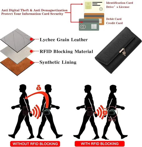 Vista 6 de aurrako Carteras de cuero para mujer, tarjetero de cuero RFID, triple pliegue, monedas, bolsillo con cremallera y ventana de identificación, gran
