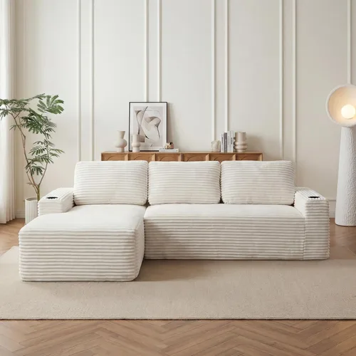 Vista 7 de Sofás seccionales sin hueso en forma de L de 104 pulgadas para sala de estar, cómodo sofá de pana con diván y portavasos, reposabrazos ancho