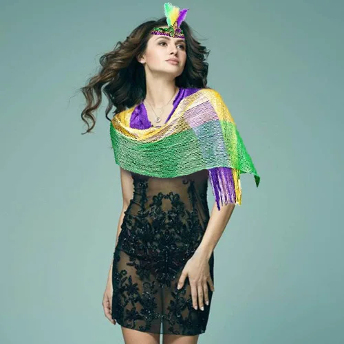 Vista 4 de LANGFON Bufanda de malla brillante de Mardi Gras con diadema de plumas, accesorio de disfraz de Mardi Gras, disfraz de mascarada para Mardi Gras al