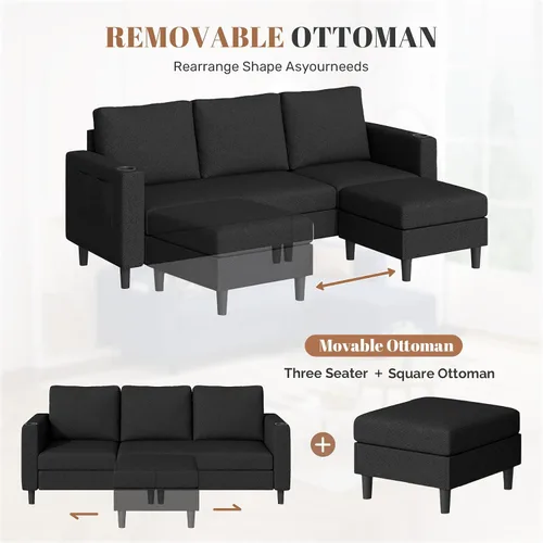 Vista 8 de Sofá seccional en forma de L de 78", sofá de 3 asientos para apartamento, lino negro