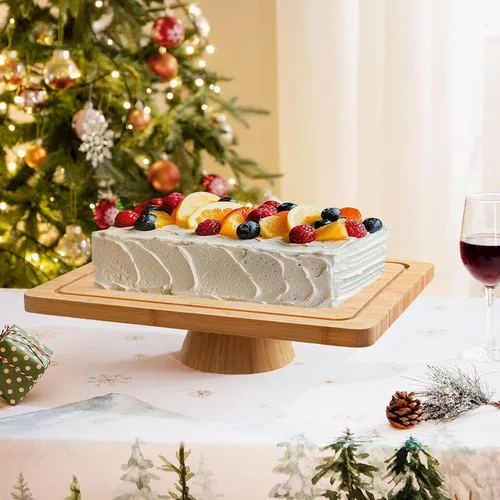Vista 7 de HBlife Soporte para pasteles con tapa (16.5 pulgadas), soporte multifuncional para pasteles con cúpula acrílica, soporte rectangular de bambú 2 en 1