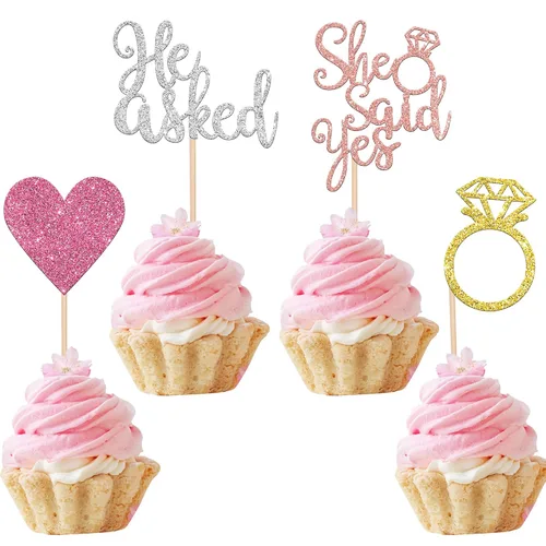 Vista 10 de 24 piezas de adornos para cupcakes con anillo de corazón con purpurina para despedida de soltera, boda, compromiso, despedida de soltera, despedida