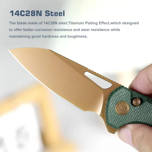 Vista 4 de RT-CAMEL - Cuchillo de bolsillo plegable, cierre con forro de botón, hoja de acero 14C28N de 3.1 pulgadas, cuchillo EDC con mango de micarta