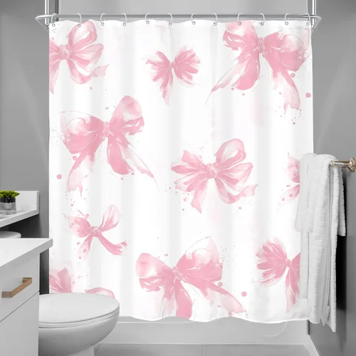 Vista 4 de MESHELLY Cortina de ducha con lazo rosa 72Wx72H Beige Femenino Lindo para B-rosa Blanco