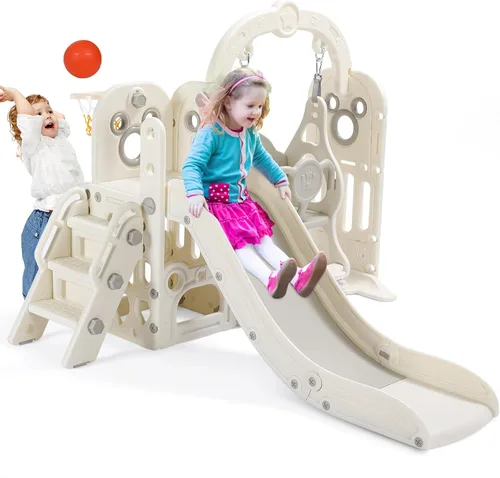 Vista 10 de Arlopu Juego de tobogán y columpio 7 en 1 para niños pequeños, juego de escalador con pelota y aro, telescopio, base reforzada con ventosa, parque