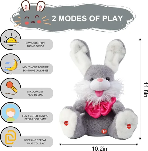 Vista 3 de MIAODAM Peek-A-Boo - Juguete de Conejo para Niños Pequeños de 1-3 Años, Animal de Peluche Parlante que Repite tus Palabras, Canta Canciones