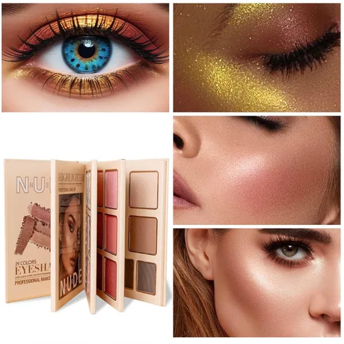 Vista 5 de Paleta de maquillaje, sombra de ojos, resaltador, rubor y contorno, juego de paleta de maquillaje plegable estilo libro de 4 capas, brillo metálico