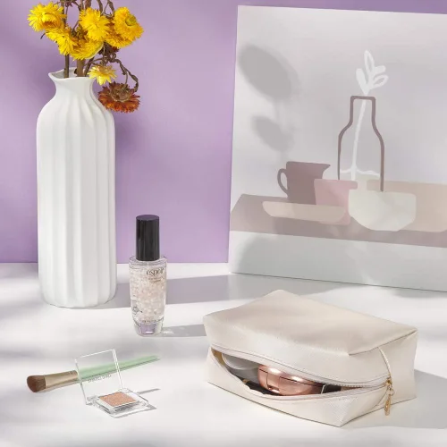 Vista 6 de Juego de 2 bolsas de cosméticos de piel sintética para mujer, bolsa de maquillaje minimalista para uso diario, bolsa de almacenamiento portátil