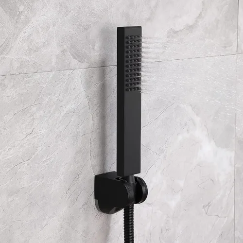 Vista 2 de Asyas Cabezal rociador de ducha de mano cuadrado de latón macizo con conector de pared ajustable, soporte de ducha y manguera, negro mate de alta