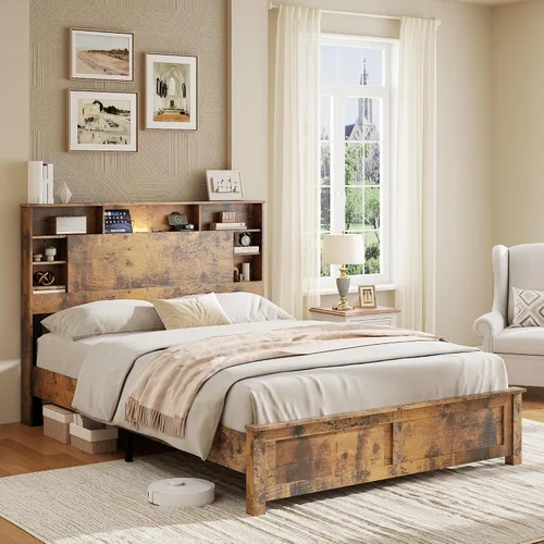 Vista 3 de Base de cama con cabecera de almacenamiento, plataforma de madera con estantes, carga USB y tipo C y luces LED, no necesita somier, sin ruido, fácil