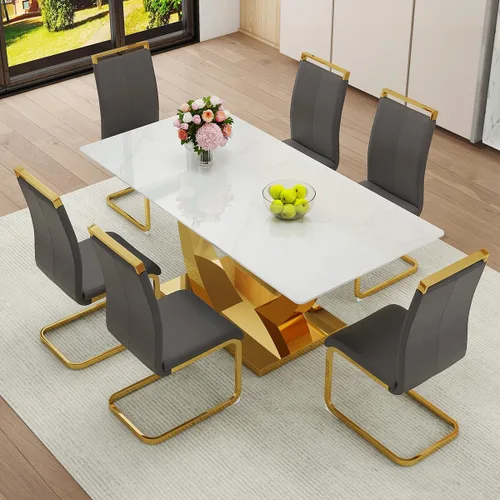 Vista 12 de Juego de Mesa de Comedor Negra para 6, Mesa de Comedor de Mármol Falso de 71" para 6, Juego de Mesa de Cocina Rectangular con Sillas de Cuero PU