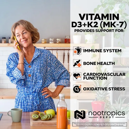 Vista 4 de Nootropics Depot Vitamina D3 + K2 con tabletas de vitamina C 365 unidades 125μg Equivalente a 5000 UI Año de suministro