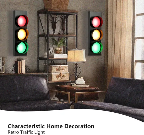 Vista 2 de HOMIER Lámpara de pared de semáforo, lámpara LED de tráfico de estilo retro con control remoto, decoración de luz de parada de tráfico de sala