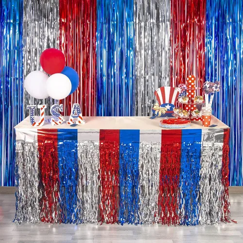 Vista 2 de LOLStar Decoraciones del 4 de julio, paquete de 2 faldas de mesa onduladas de oropel rojo, blanco y azul para mesas rectangulares y redondas