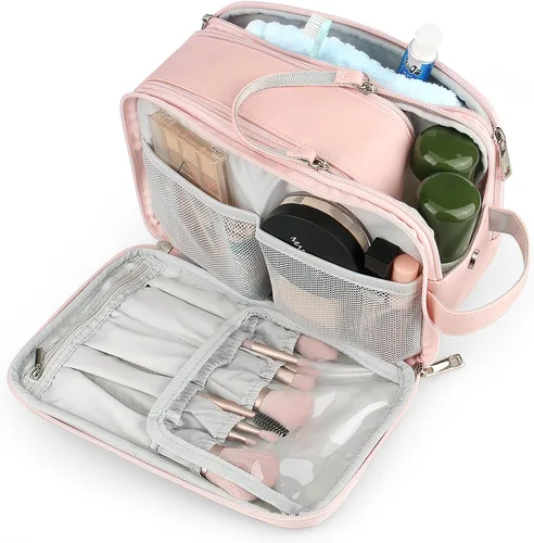 Vista 2 de Neceser para mujer, organizador de bolsa de viaje de maquillaje, bolsa de cosméticos de baño grande, kit de Dopp de viaje, bolsa de ducha, Rosa, L
