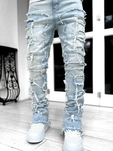 Vista 2 de Kodaruber Jeans apilados para hombre, ajustados, rasgados, elásticos, desgastados, rectos, pantalones de mezclilla hip hop, ropa de calle