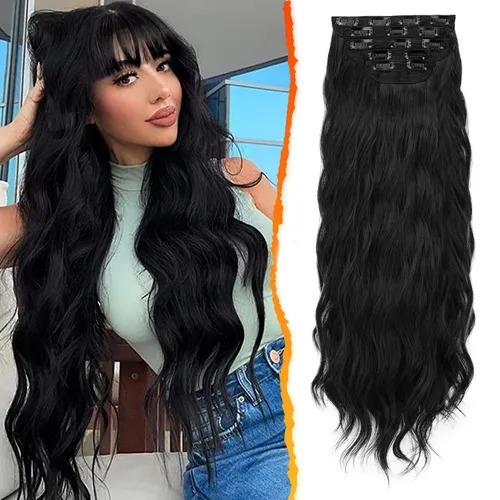Vista 26 de BARSDAR Extensiones de cabello ondulado con clip negro marrón - 14 pulgadas, extensiones de cabello corto ondulado con clip para mujer - 5 piezas