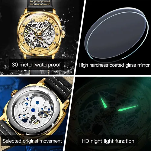 Vista 5 de OLEVS Visit The Store Automatic Men Watch Skeleton Self Winding Mechanical Luxury Stylish Leather Strap Steampunk Style Luminous Water Proof Wrist