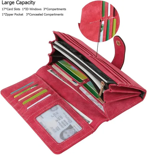 Vista 2 de Cartera organizadora larga plegable de cuero vegano con 17 ranuras para tarjetas para mujer
