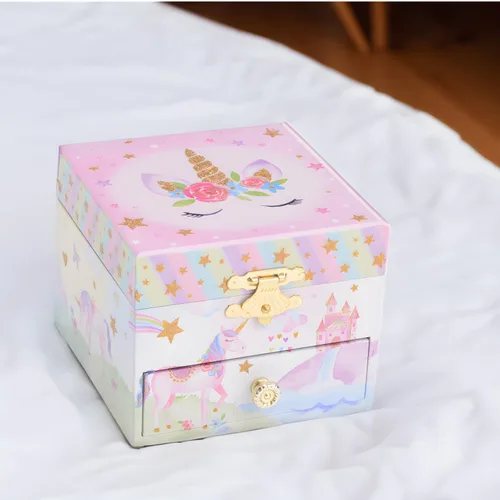 Vista 7 de Jewelkeeper Joyero para niñas con 1 cajón, joyeros musicales de unicornio para fiestas, hermosa melodía soñadora y muñeca de unicornio giratoria