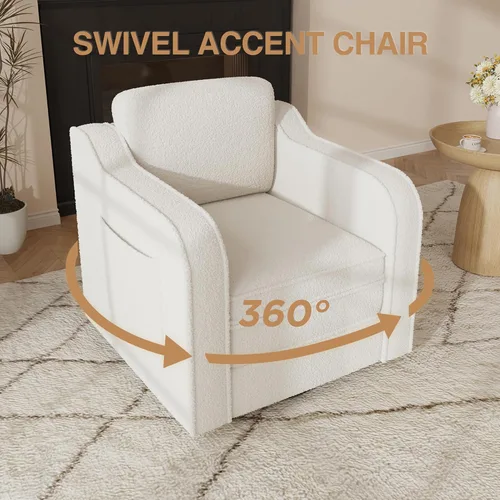 Vista 3 de FiveWillowise Silla giratoria decorativa para sala de estar, sillón tapizado de 30 pulgadas en barril, cómodo sillón moderno individual para Blanco