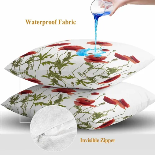 Vista 6 de Fundas de cojín impermeables con diseño de amapola roja en acuarela para exteriores, diseño de flores de jardín, paquete de 2 fundas de almohada