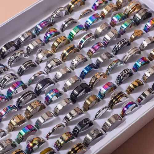 Vista 5 de 50 unids/lote de anillos de acero de titanio de banda ancha de colores mixtos para hombres, tamaño aleatorio 7-12, joyería de regalo para uso diario