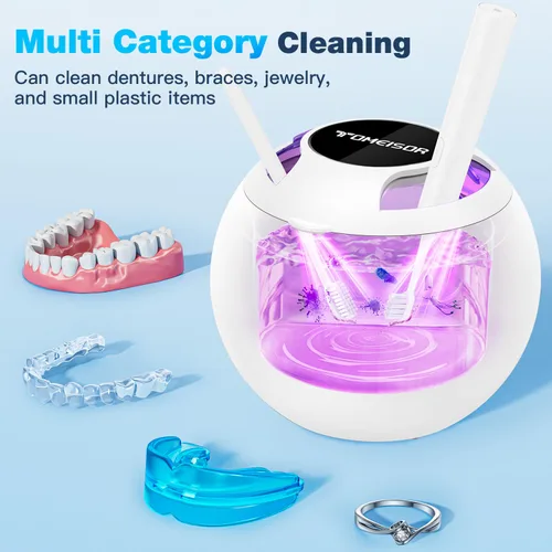 Vista 4 de Limpiador ultrasónico de retenedor, limpiador ultrasónico de 45 kHz, limpieza de 360° para dentaduras, alineador, protector bucal, joyas, frenos