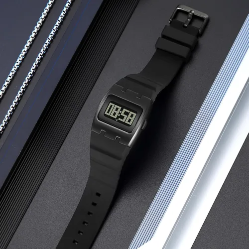 Vista 4 de Reloj digital cuadrado multifunción para hombres, reloj de pulsera único con retroiluminación EL con banda de silicona, cronómetro impermeable