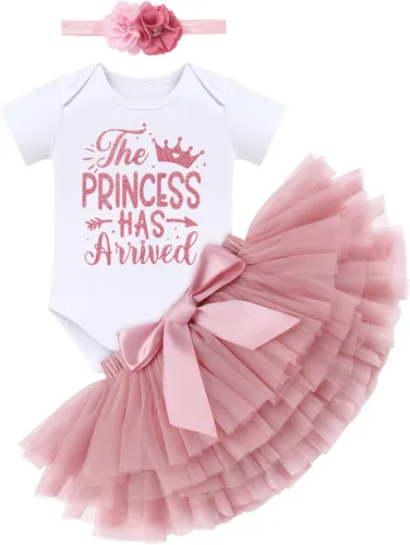 Vista 17 de Conjunto de ropa brillante para recién nacidas para niñas recién nacidas, mameluco de princesa + falda tutú + diadema de flores para sesión de fotos