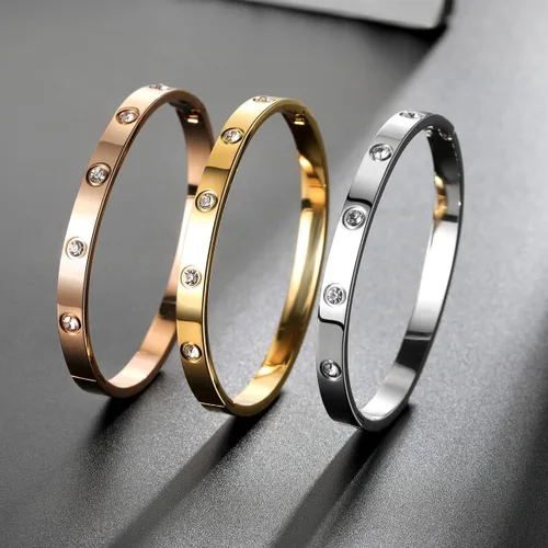 Vista 6 de RIMRIVA Gold Bracelets for Women 14K Gold Plated Friendship Bangle Bracelets Cubic Zirconia Stones Stainless Steel Bracelet Jewelry Love Christmas