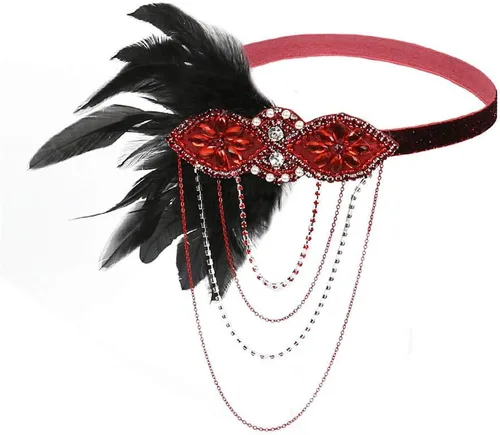 Vista 2 de Diadema Art Deco de los años 20 con diseño de plumas rugientes de los años 20, accesorio para el cabello, color rojo vino y negro, J-vino Rojo Negro