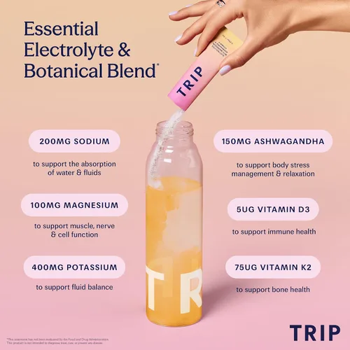 Vista 2 de TRIP Paquetes de electrolitos en polvo con magnesio, Ashwagandha y vitamina D. Paquetes de hidratación diaria Peach Yuzu, vegano, mezcla de bebidas