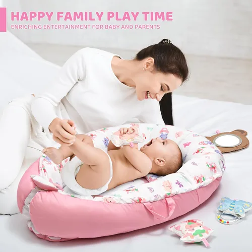 Vista 5 de Tapete de juego rosa para bebé, 7 en 1, tapete de gimnasio infantil para desarrollo sensorial y motor, lavable y portátil, tapete de actividad
