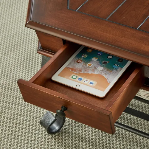 Vista 7 de Mesa de centro de madera hexagonal retro con parte superior de madera, mesa de centro de mediados de siglo de 2 niveles con cajón y patas de metal