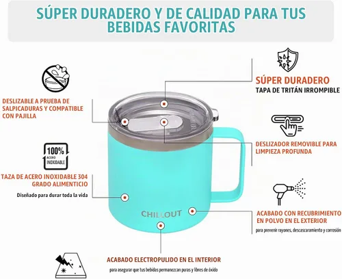 Vista 3 de Chillout Life - Taza de café con aislamiento térmico al vacío, acero inoxidable, mango y tapa, 16 onzas Azul aguamarina