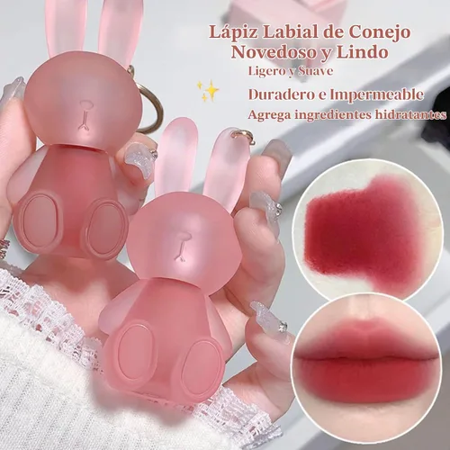 Vista 3 de Juego de lápices labiales líquidos de terciopelo mate de 6 colores, lindo esmalte de labios de conejo 2 en 1, llavero de brillo de labios, tinte
