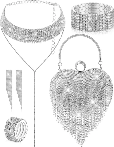 Vista 7 de Juego de 5 monederos de embrague de diamantes de imitación para el día de San Valentín para mujer, con forma de corazón, borla y bolsa de mano